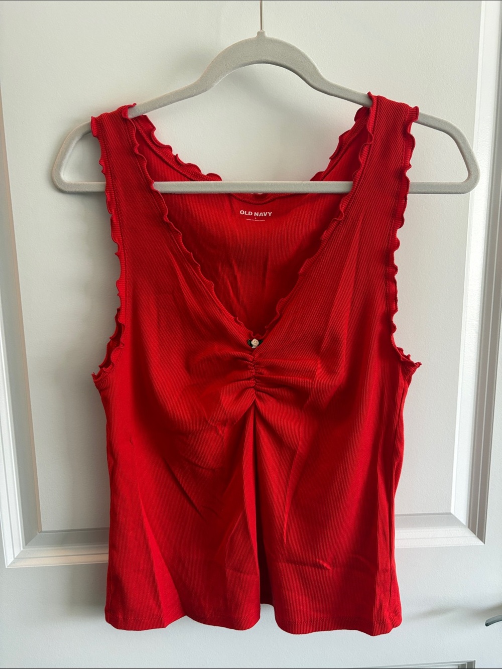 Old Navy Red Ribbed V-Neck Tank with Ruched Detail